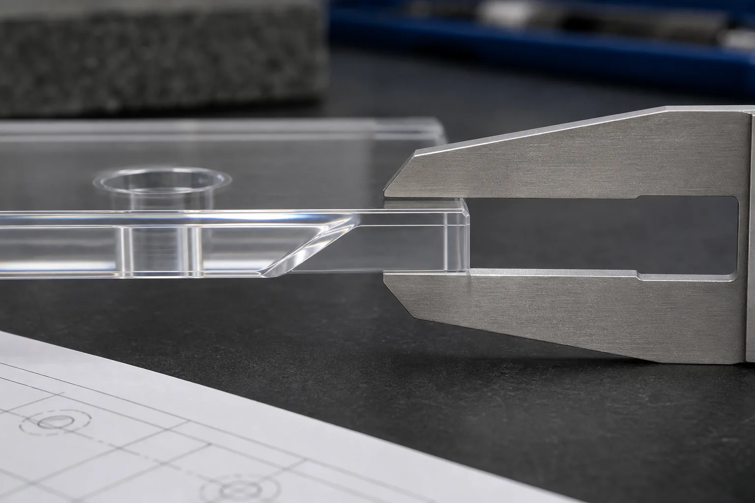 Precision caliper measuring the wall thickness of a clear cast acrylic part on a QC inspection bench, with a technical drawing beside it
