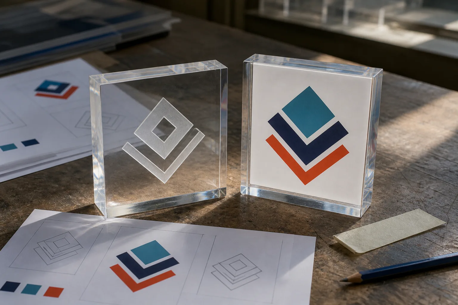 Two clear acrylic logo blocks, one laser engraved and one UV printed in color, beside approved artwork proofs