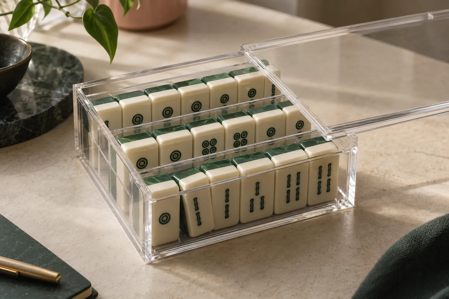 Illustrative clear acrylic mahjong storage case with a partly open lid and organized sample tiles