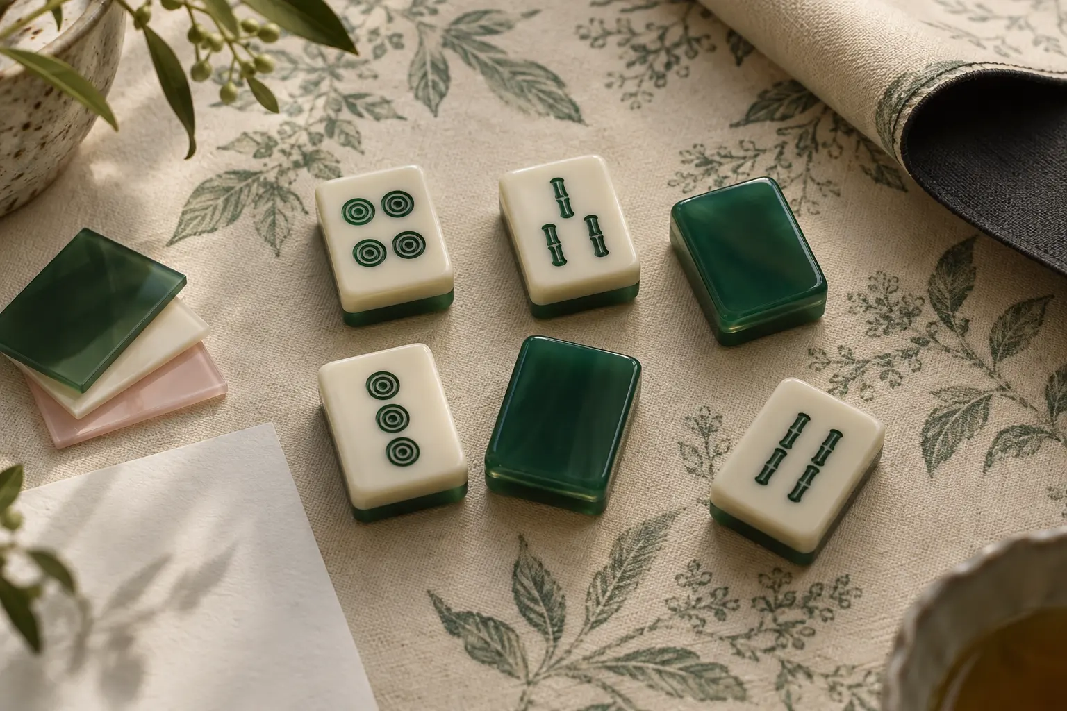 Acrylic mahjong OEM specification study with sample tiles, material chips and a botanical mat