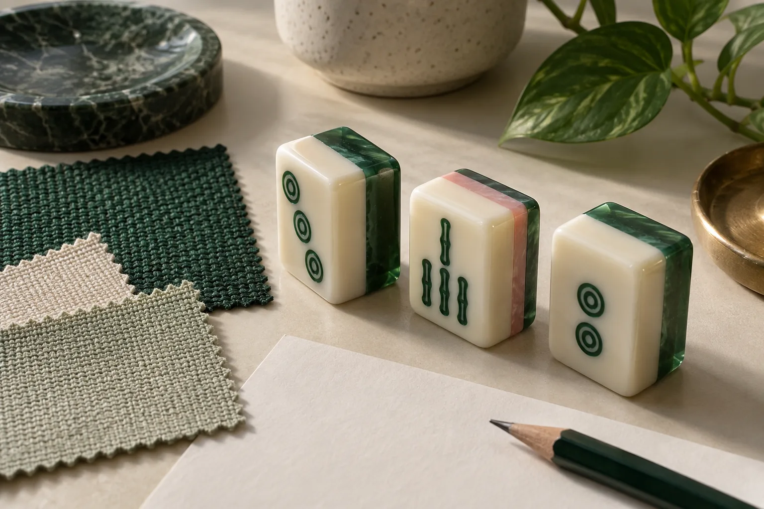 Acrylic mahjong tile layer samples beside mat fabric and canvas swatches for an OEM specification review