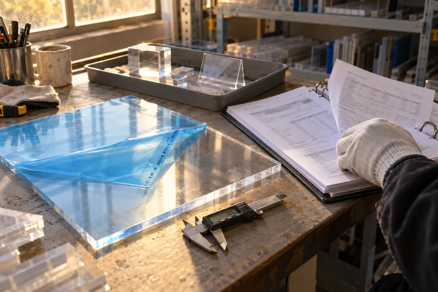Clear cast acrylic sheet with blue protective film half peeled on a factory QC desk, beside digital calipers, a tray of finished acrylic parts and a binder of material data sheets