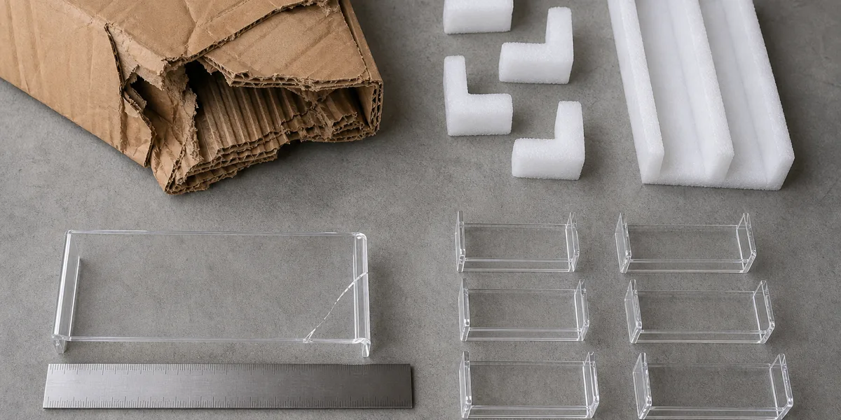 Four-shot damage evidence package for an acrylic shipment claim: damaged export carton exterior, foam packing layer, cracked clear acrylic piece against a steel ruler, and affected PMMA display units grouped for a wide count shot