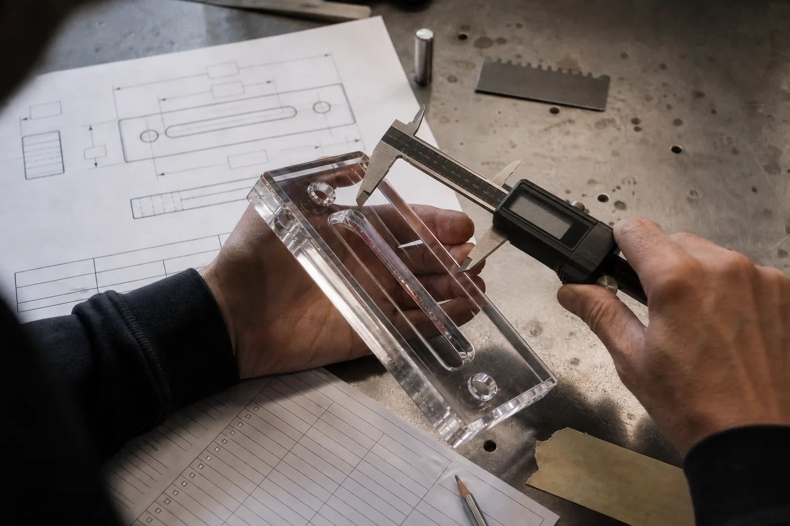 QC inspector measuring a custom acrylic first article with calipers beside a revision-controlled drawing and inspection report