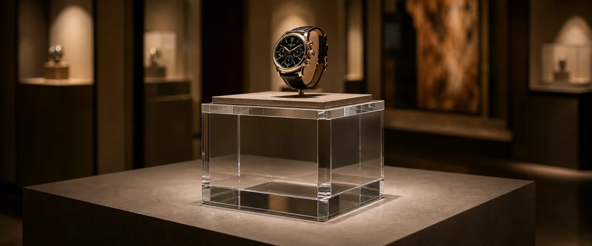 Clear box-base acrylic pedestal hosting a 60lb watch display under museum-grade spotlight in a luxury showroom