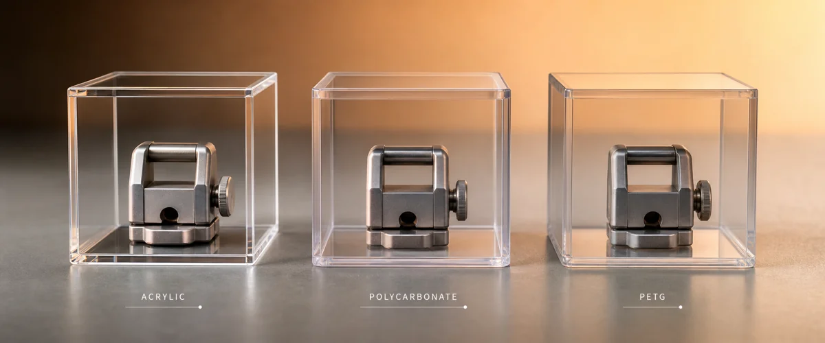 Three identical clear plastic boxes side by side — cast acrylic, polycarbonate, and PETG — under studio lighting with material labels at the base of each unit