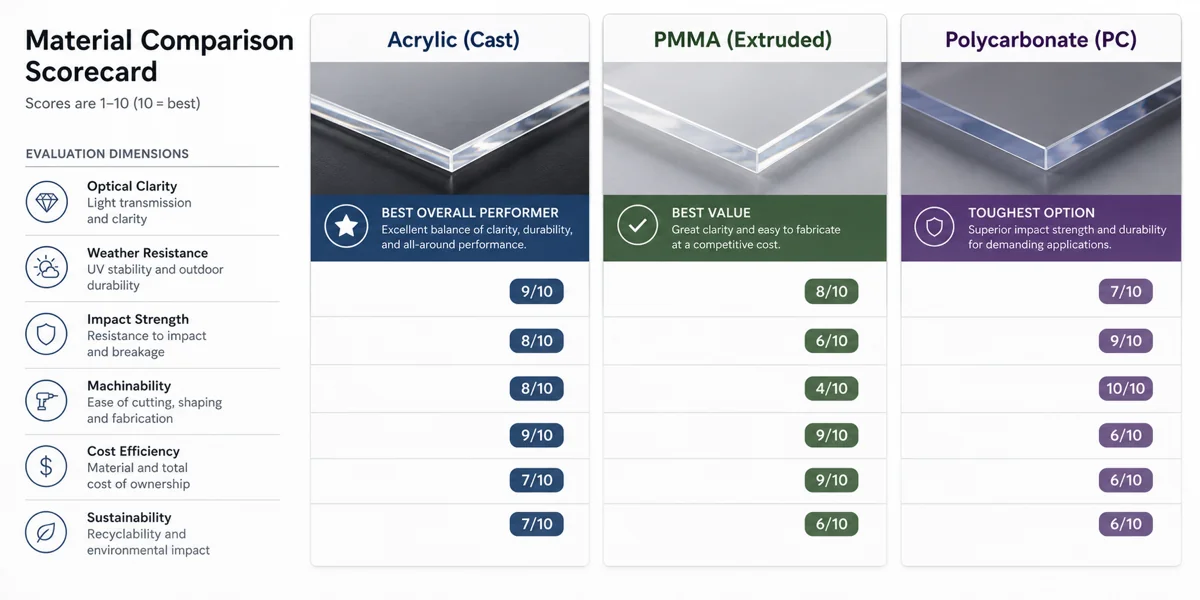 Material comparison scorecard showing acrylic, polycarbonate, and PETG ranked across optical clarity, impact strength, scratch resistance, UV stability, cost, and recyclability with star scores per cell