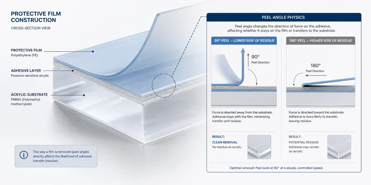 Cross-section diagram of acrylic protective film showing PE carrier layer, low-tack adhesive layer, and acrylic plexiglass substrate with 90-degree versus 180-degree peel-angle callouts