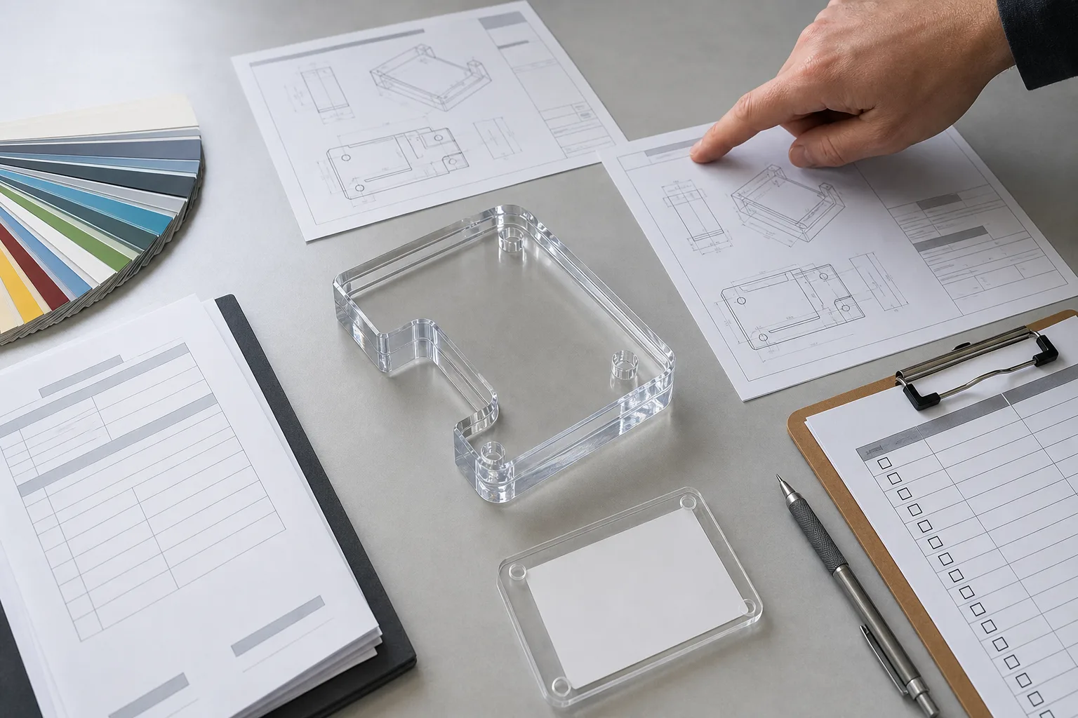Acrylic repeat order change control with approved sample, revision drawing, purchase order, and inspection checklist