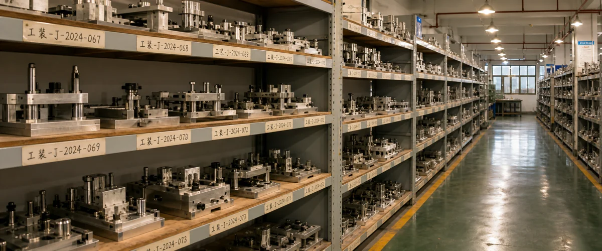 Wide aisle view inside Wetop's tooling library — rows of metal racks loaded with labeled aluminum CNC jigs and bond fixtures, each shelf-edge tagged with handwritten Chinese part-number cards