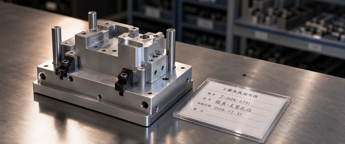 Archived acrylic molds and CNC jigs on labeled racks inside Wetop's temperature-controlled tooling library, with a QC technician indexing a tooling card in the foreground
