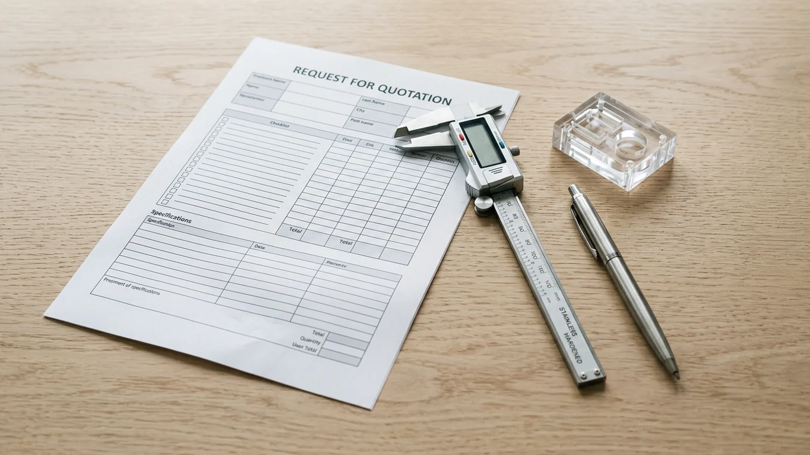 Annotated acrylic request for quote template showing required fields: dimensions, thickness, material grade, finish, quantity