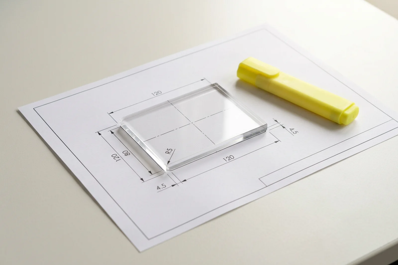 Dimensioned technical drawing for a custom PMMA acrylic (plexiglass) part with a clear sample piece placed over one of the callout edges - the visual that should accompany every non-flat RFQ.