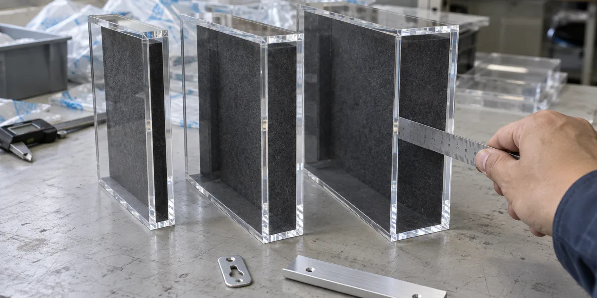 Three empty clear acrylic shadow box frames of increasing recess depth standing in profile on a factory bench beside a keyhole plate and French cleat bar
