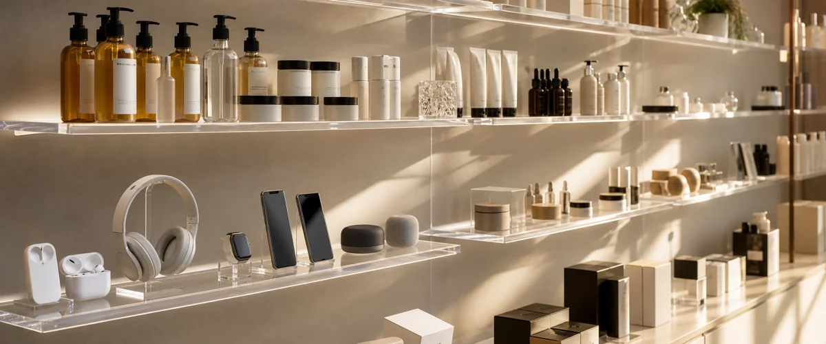 Multi-bay floating clear acrylic shelves wall-mounted in a retail store, stocked with skincare bottles, electronics accessories, and premium packaging at varied SKU density
