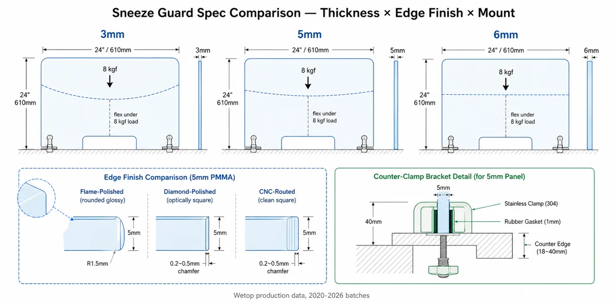 Acrylic sneeze guard thickness comparison cross-section — 3mm, 5mm, and 6mm cast PMMA panels with edge-finish detail and counter-clamp mount geometry, showing flex envelope at typical counter spans