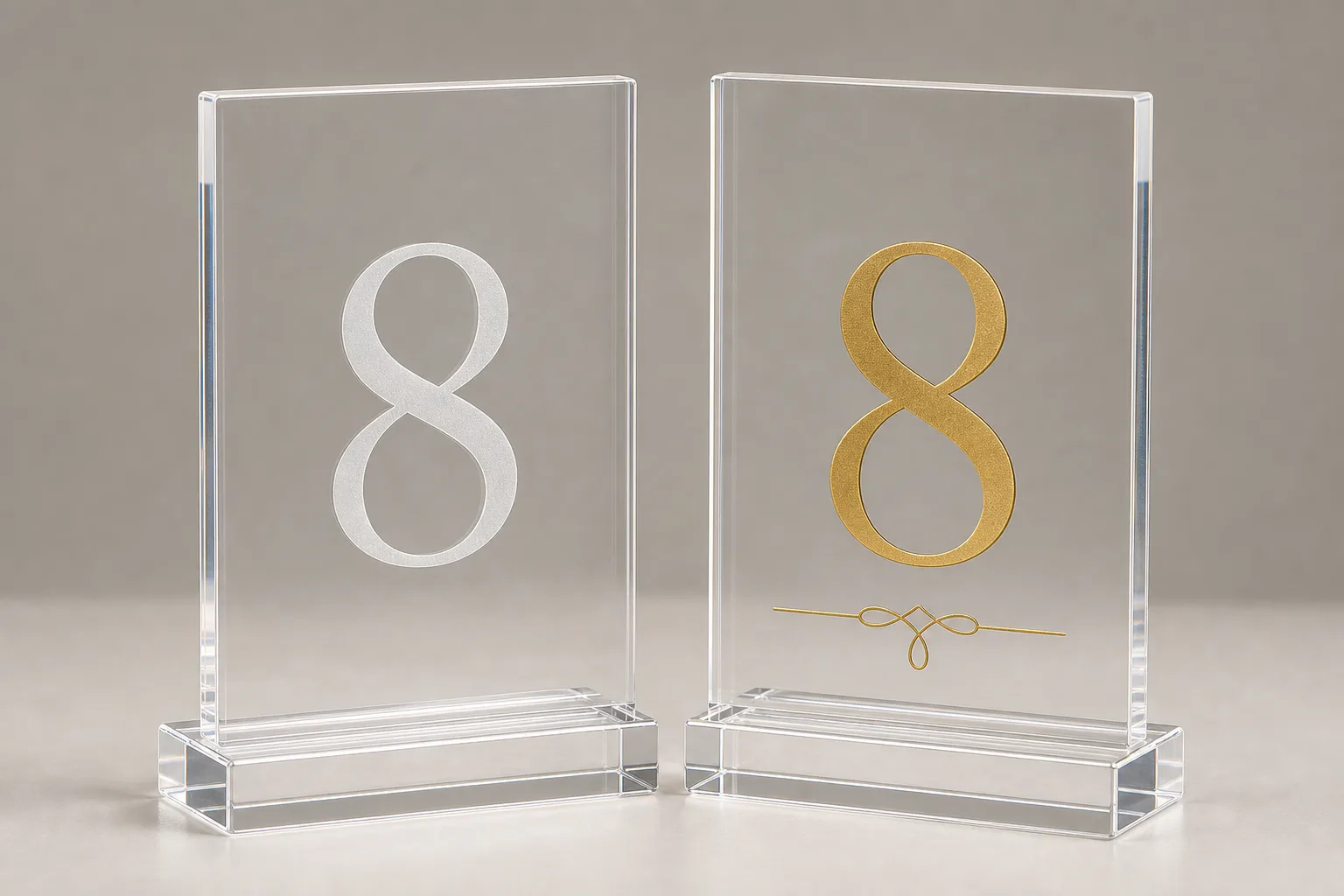 Macro comparison of two clear acrylic table number panels, one with a laser-engraved frosted numeral and one with UV-printed gold artwork, standing in polished slotted bases