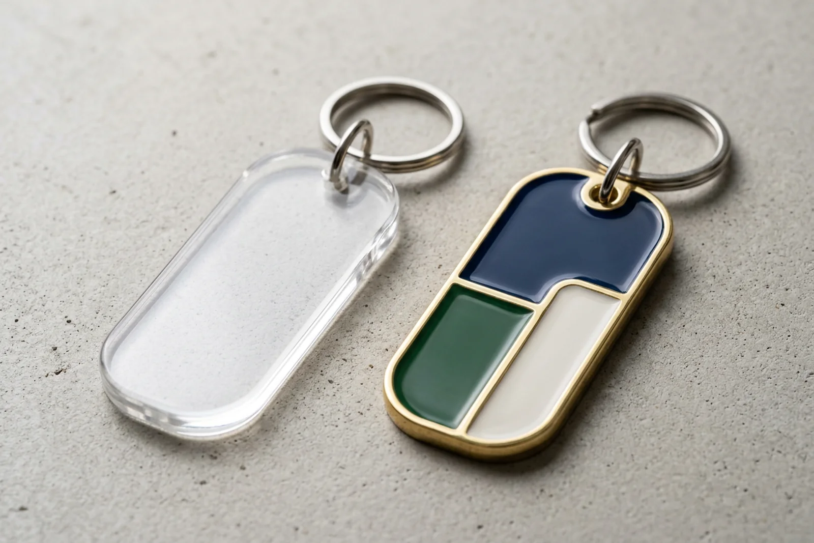 Side-by-side macro comparison of a clear cast PMMA acrylic (plexiglass) keychain and a hard-enamel zinc-alloy keychain on a neutral surface - same approximate size, visibly different material behavior.