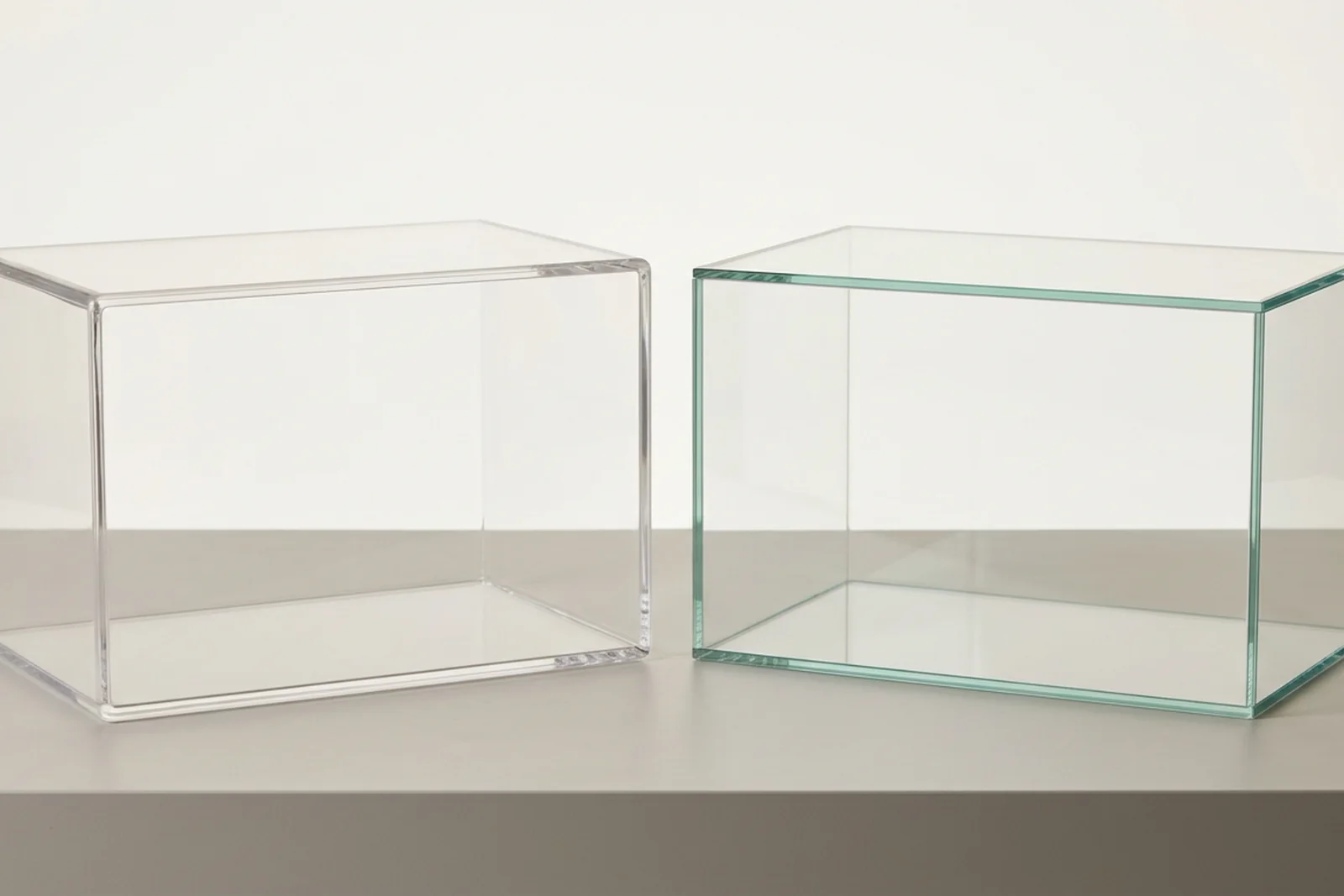 Clear acrylic (PMMA plexiglass) display case and a standard float glass display case of the same size, side by side on a neutral surface - both empty, lighting shows near-identical optical clarity at a glance.