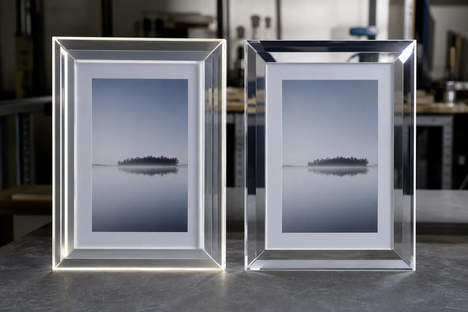 Acrylic vs glass picture frame comparison on a QC bench — clear acrylic frame with polished chamfer beside a glass-glazed frame under raking light
