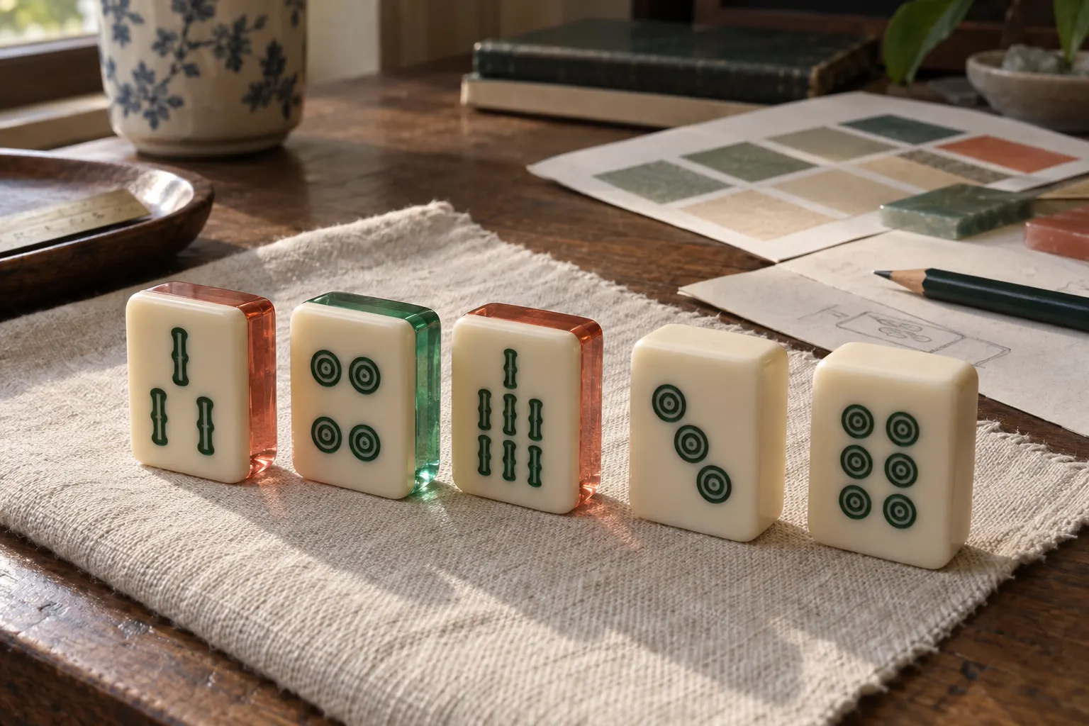 Illustrative layered cast acrylic American mahjong tiles beside opaque resin sample tiles