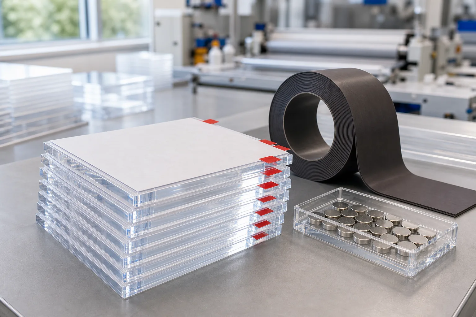 Clear adhesive backed acrylic squares with red-tab release liners stacked on a factory bench beside a roll of flexible magnetic sheet and a tray of neodymium disc magnets