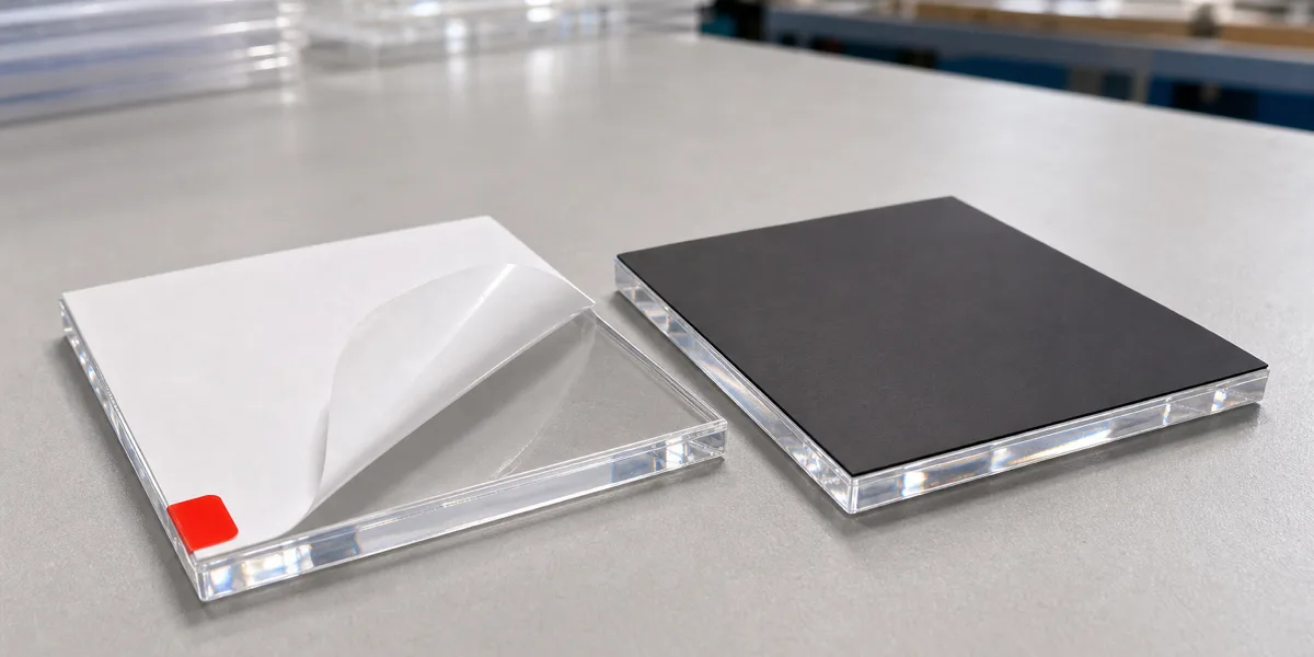 Macro view of two clear PMMA acrylic components face down on a workbench, one with its adhesive release liner half peeled back and one laminated with dark flexible magnetic sheet