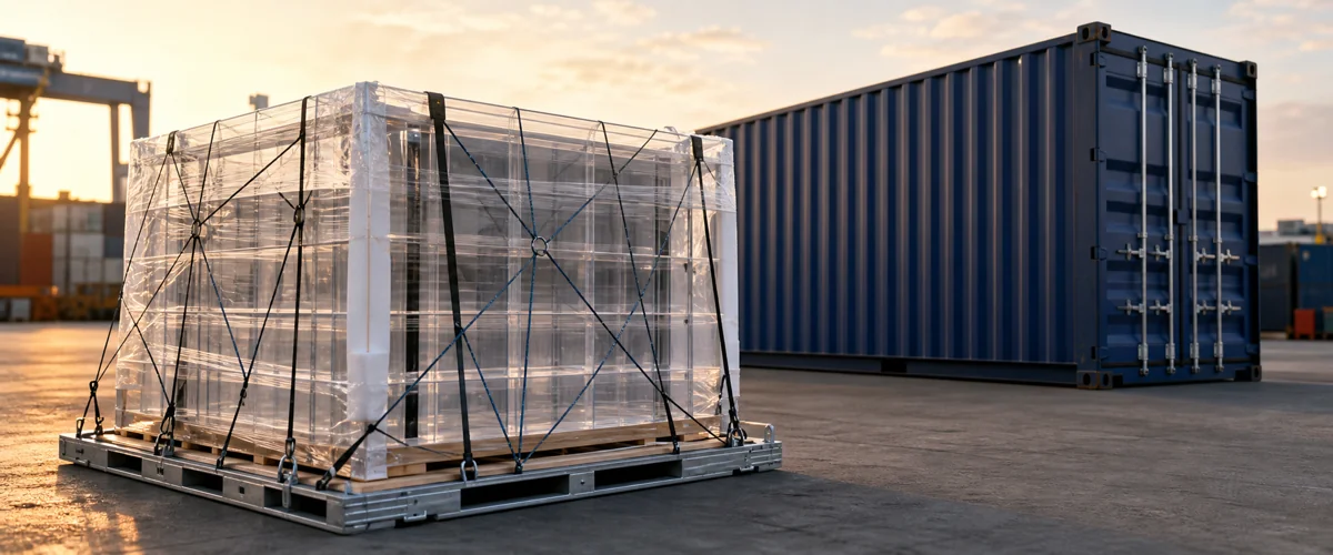 Air freight pallet of branded custom acrylic units staged next to an ocean container at a logistics yard, illustrating an air-first split shipment for a B2B order