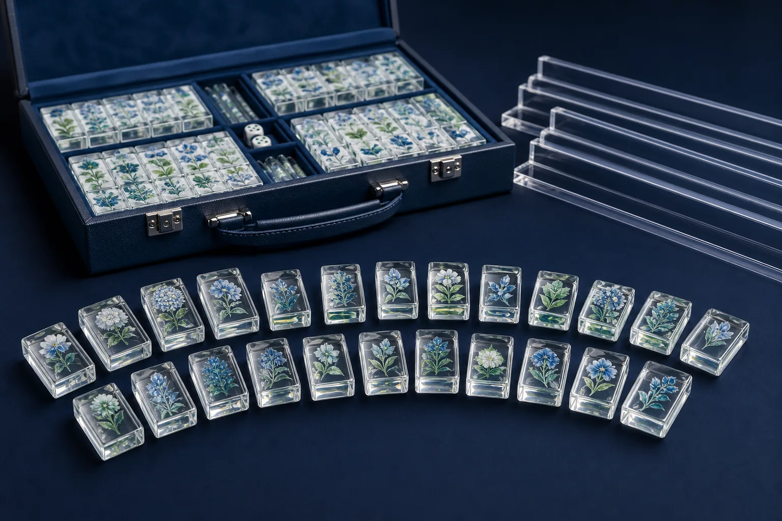 Custom acrylic American Mahjong set — tiles fanned on dark navy surface with open storage case and tile racks
