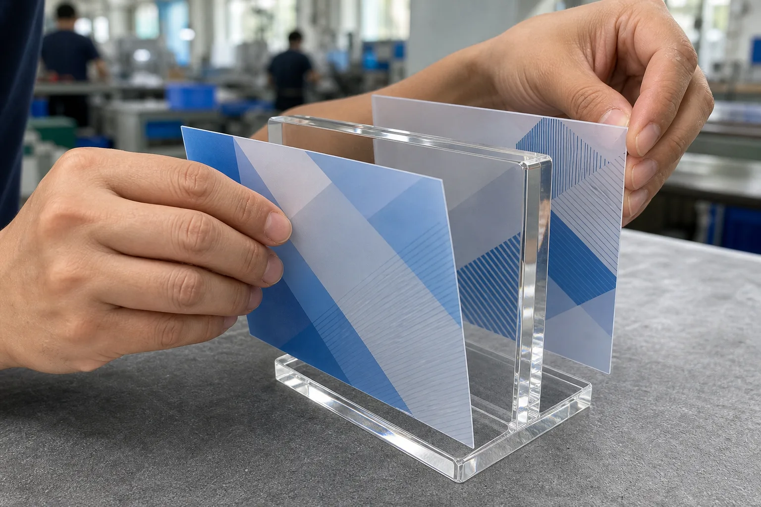 Duplex printed photo frame insert placed beside a clear magnetic acrylic frame showing front and back print alignment