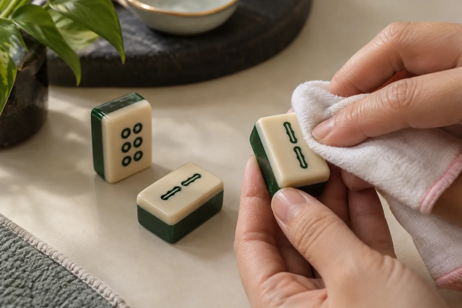 Illustrative modern acrylic tile care: a soft cloth on a decorated tile. Confirm the care method for the actual finished sample.