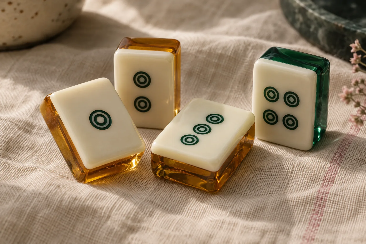 Illustrative modern amber, ivory and jade acrylic mahjong samples, not authenticated antique Bakelite tiles