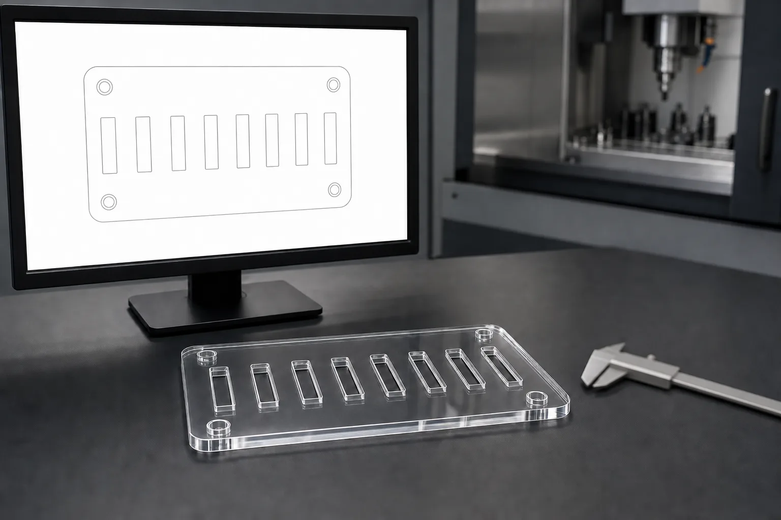 CAD model of a slotted acrylic panel on a monitor beside the machined clear acrylic part and a vernier caliper