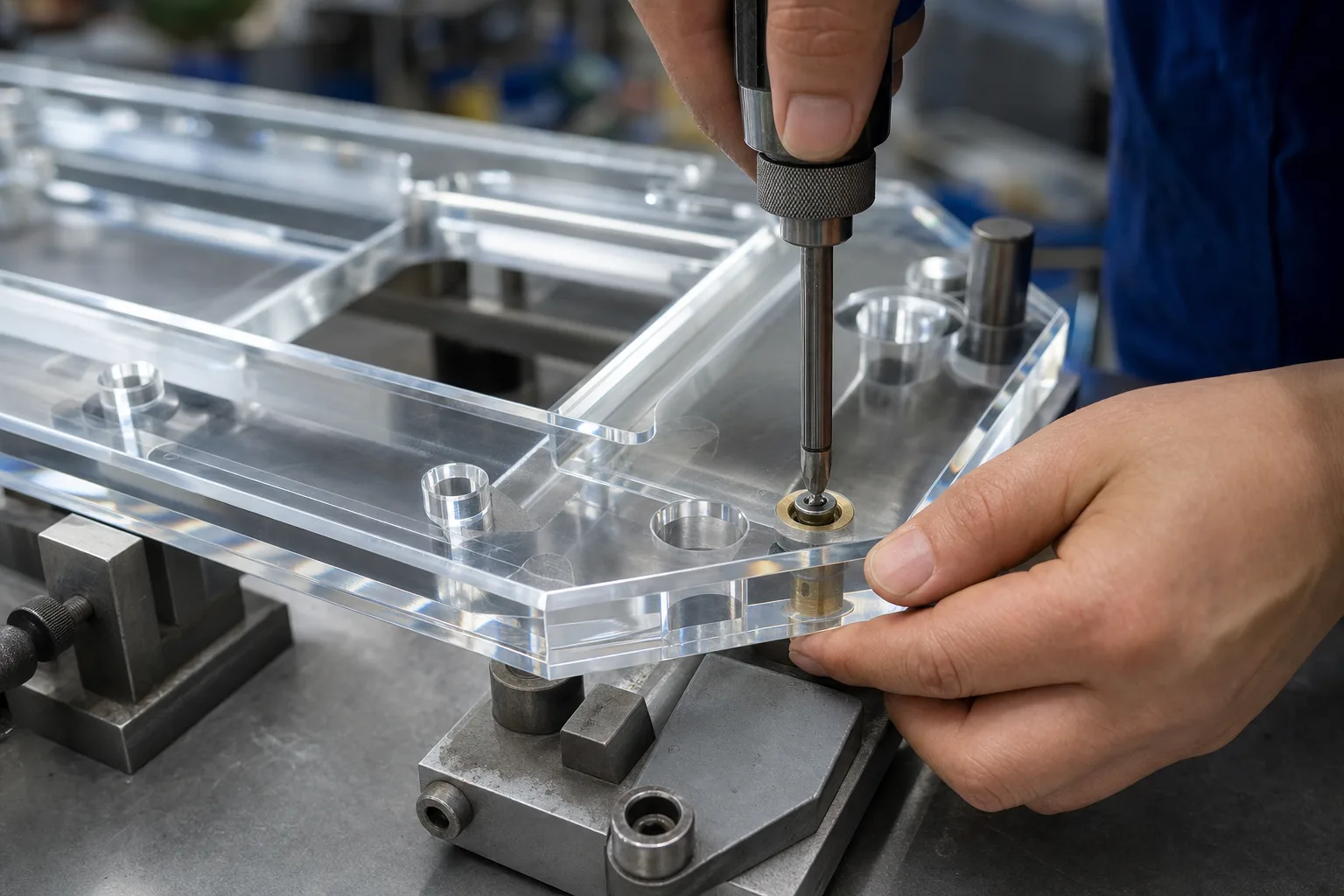 Machined clear cast acrylic component with brass threaded inserts seated in machined bosses, glossy polished PMMA plate with chamfered edges on a neutral studio background