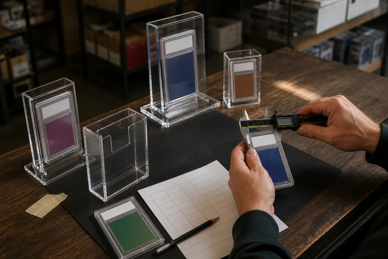 Card-shop buyer measuring graded trading card slabs beside clear acrylic display case samples and a SKU order sheet