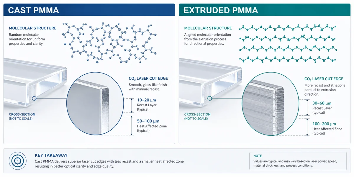 Cross-section comparison of cast PMMA vs extruded PMMA molecular structure with CO2 laser cut-edge zoom callouts showing edge roughness in microns