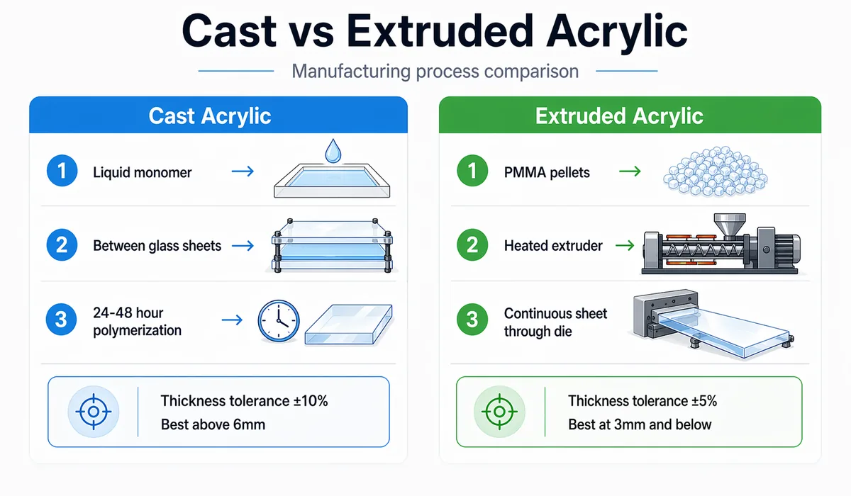 Manufacturing process comparison of cast acrylic and extruded acrylic, showing process steps and thickness tolerance notes