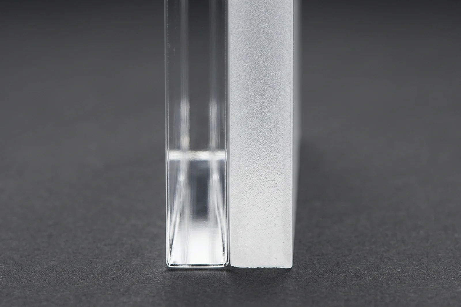 Close-up comparison of laser-cut edges on cast acrylic vs extruded acrylic at 6mm thickness — cast shows flame-polished glass-like edge, extruded shows matte frosted edge finish
