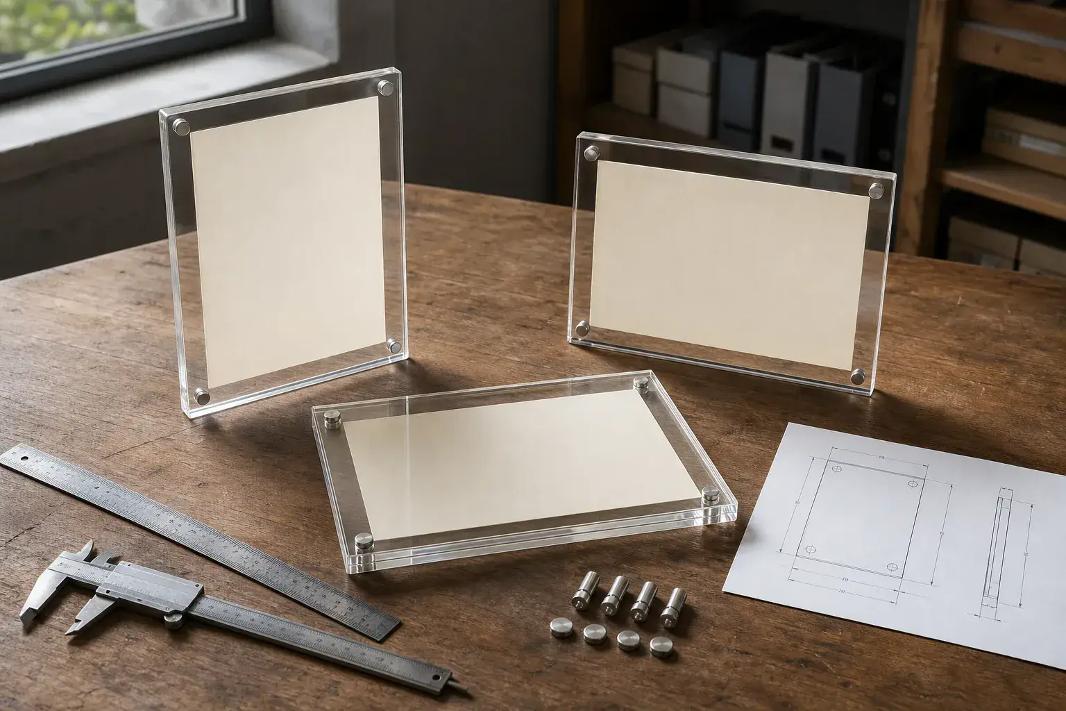Clear acrylic certificate frame samples in portrait and landscape beside letter, A4, and custom insert templates