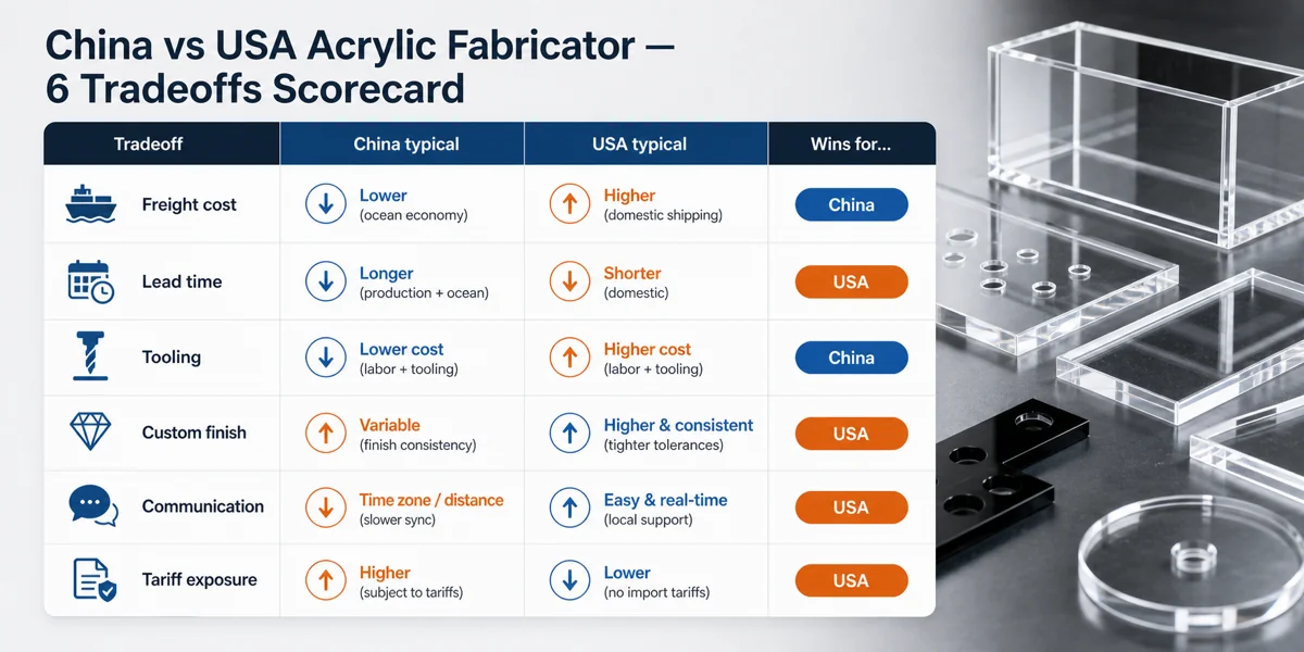 China vs USA acrylic fabricator scorecard infographic — six rows comparing freight cost, lead time, tooling, custom-finish capability, communication, and tariff exposure across both supply chains