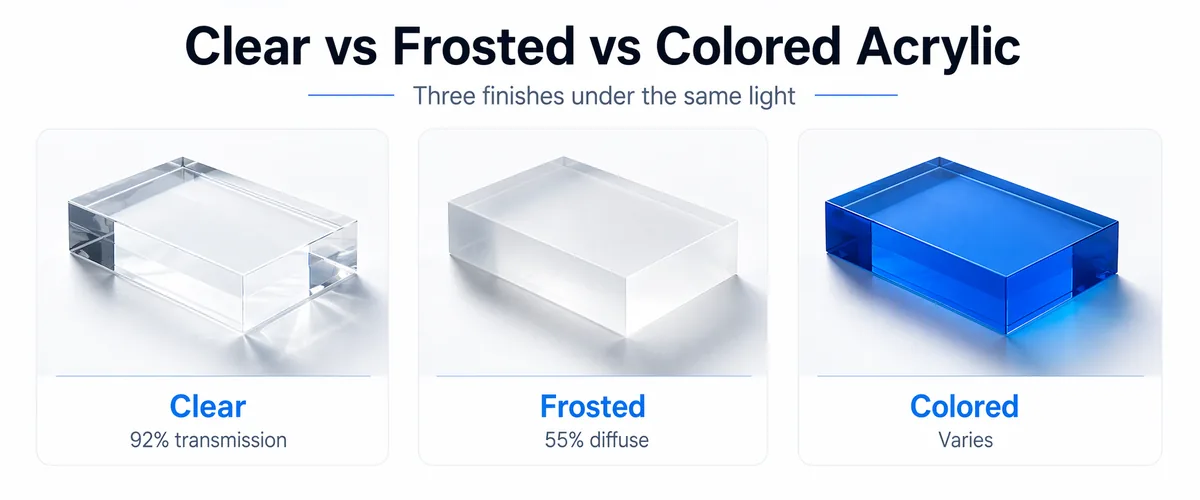 Three-panel comparison of clear, frosted, and colored acrylic blocks under the same light, with transmission notes