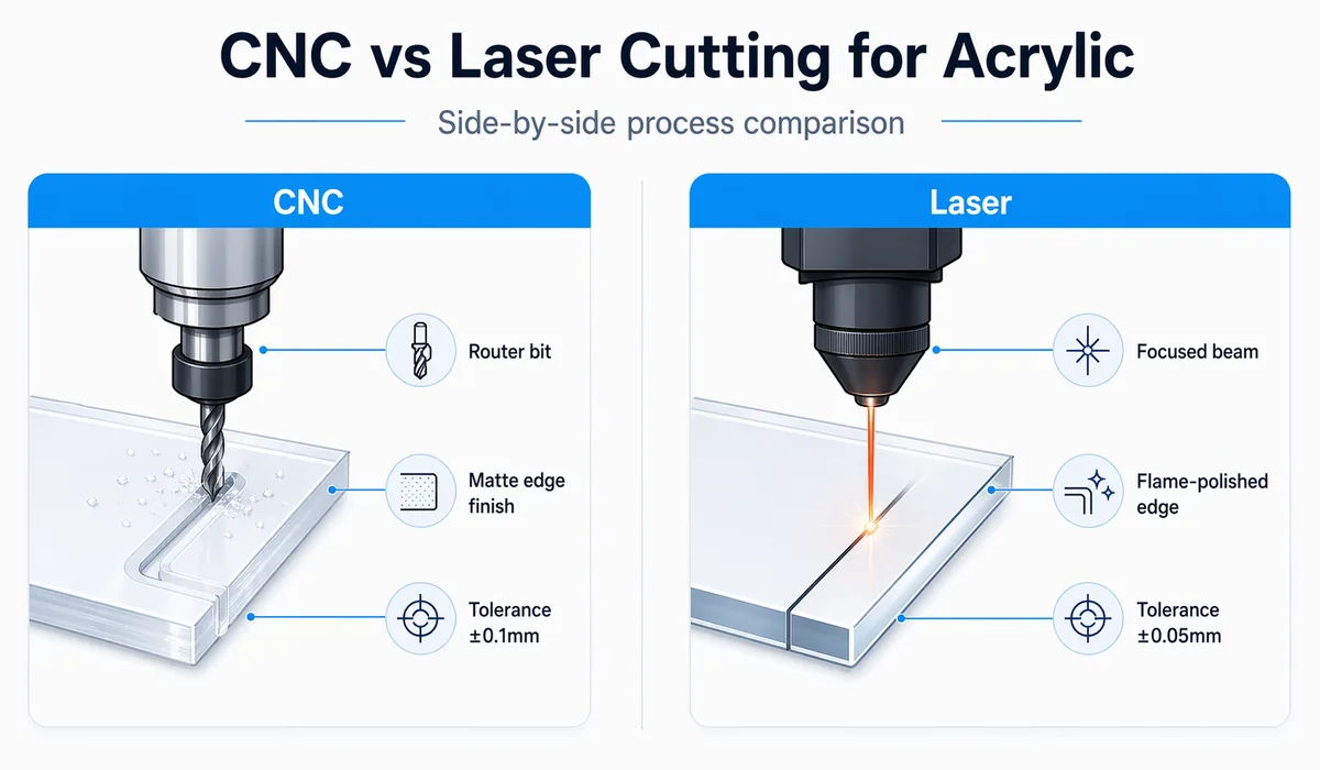 Side-by-side comparison of CNC acrylic cutting and laser cutting, including router bit versus focused beam, edge finish, and tolerance