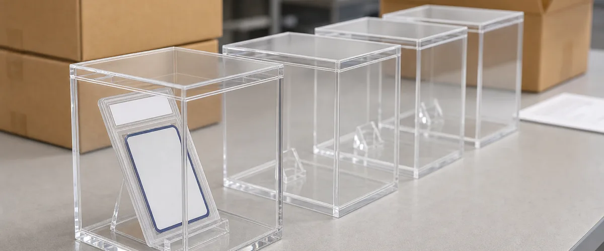 First production run of clear custom collectible display cases lined up on a factory packing bench beside kraft shipping cartons, one acrylic case holding a graded card slab