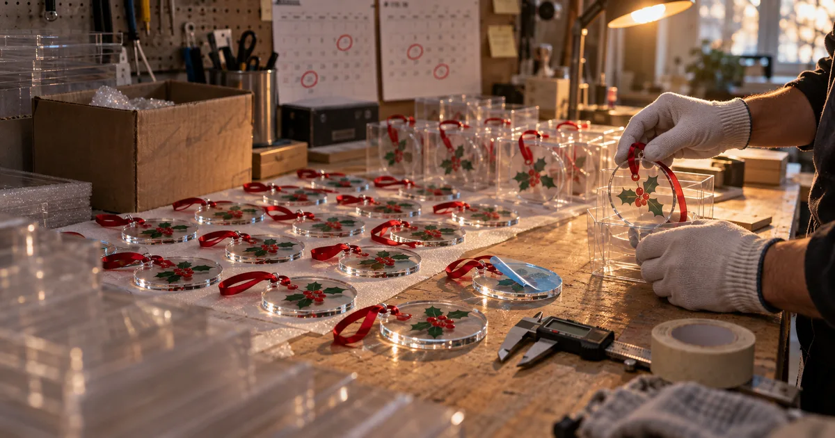 Gloved hands packing printed clear acrylic Christmas ornaments with red ribbons into gift boxes on a workshop table, with a desk calendar in the background