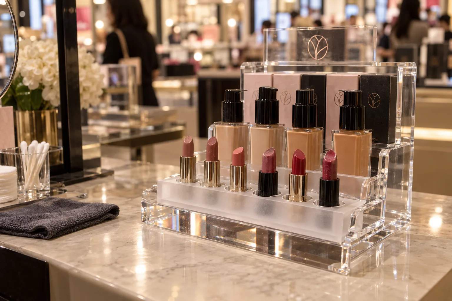 Clear acrylic cosmetic tester display stand on a beauty counter, with lipstick testers in a removable frosted acrylic tray and foundation tester bottles on the tier behind