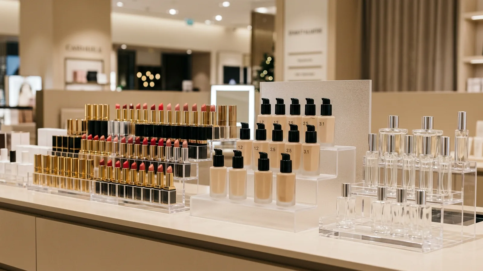 A prestige cosmetic brand counter featuring tiered acrylic risers under warm retail lighting