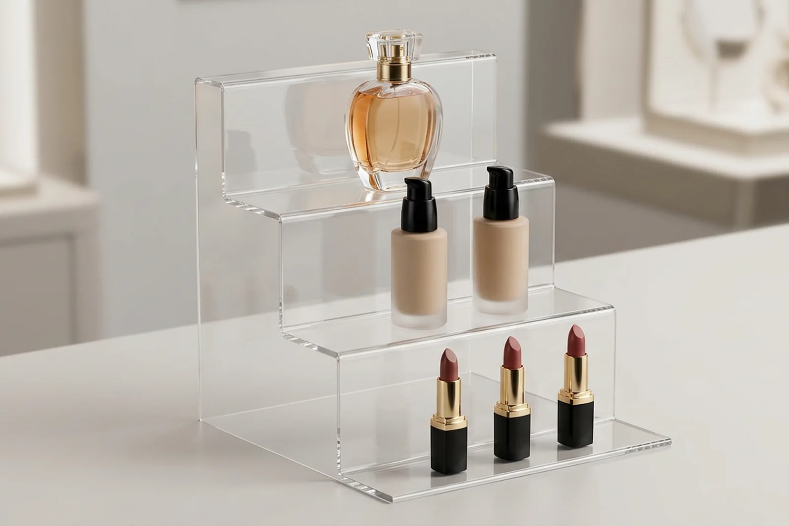 Tiered clear acrylic (PMMA plexiglass) cosmetics display with unbranded lipstick, foundation, and perfume bottles arranged across three step heights - soft studio lighting, neutral retail-countertop backdrop.