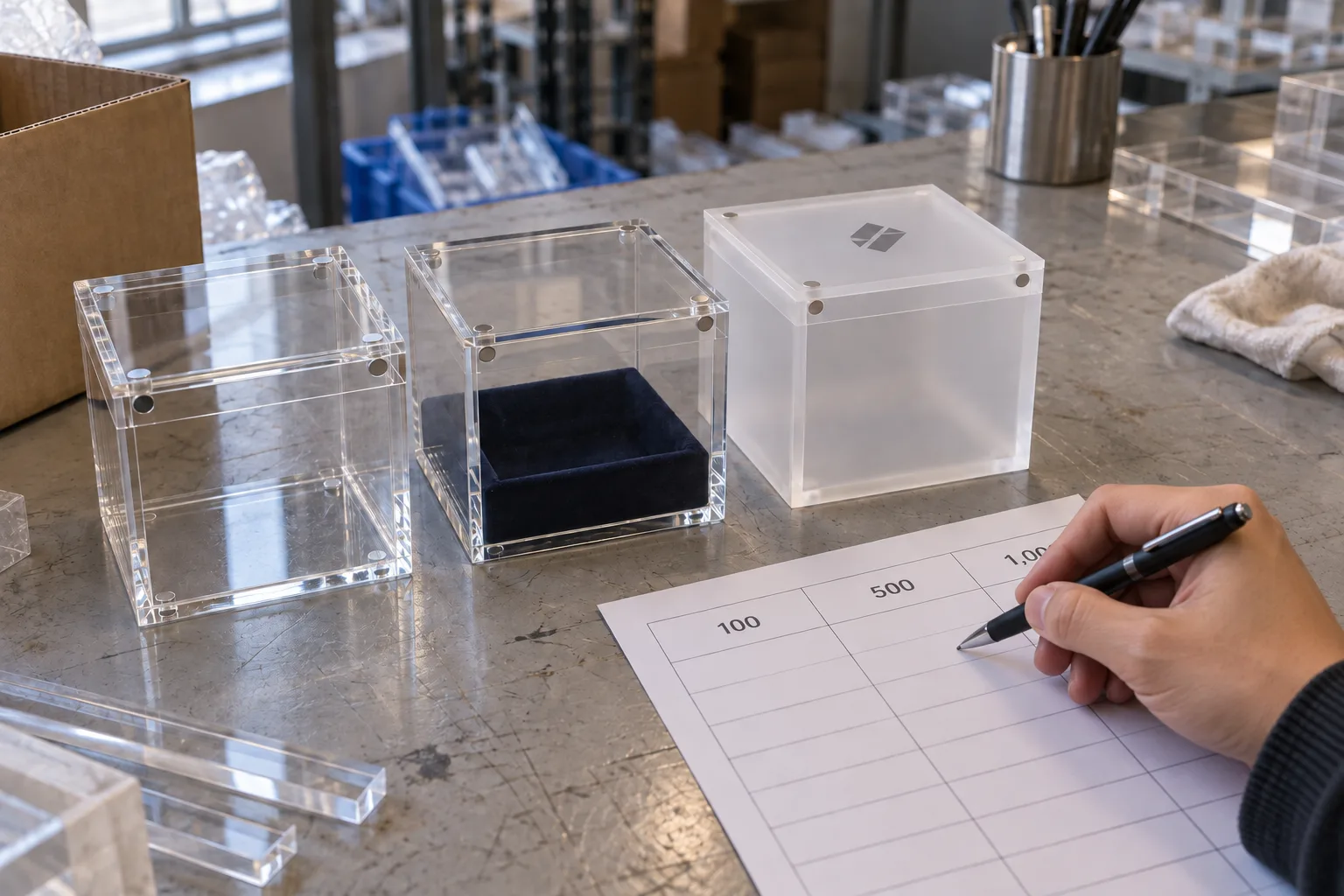 Three clear and frosted custom acrylic gift boxes with magnetic lids beside a quote worksheet with 100, 500, and 1,000 piece columns