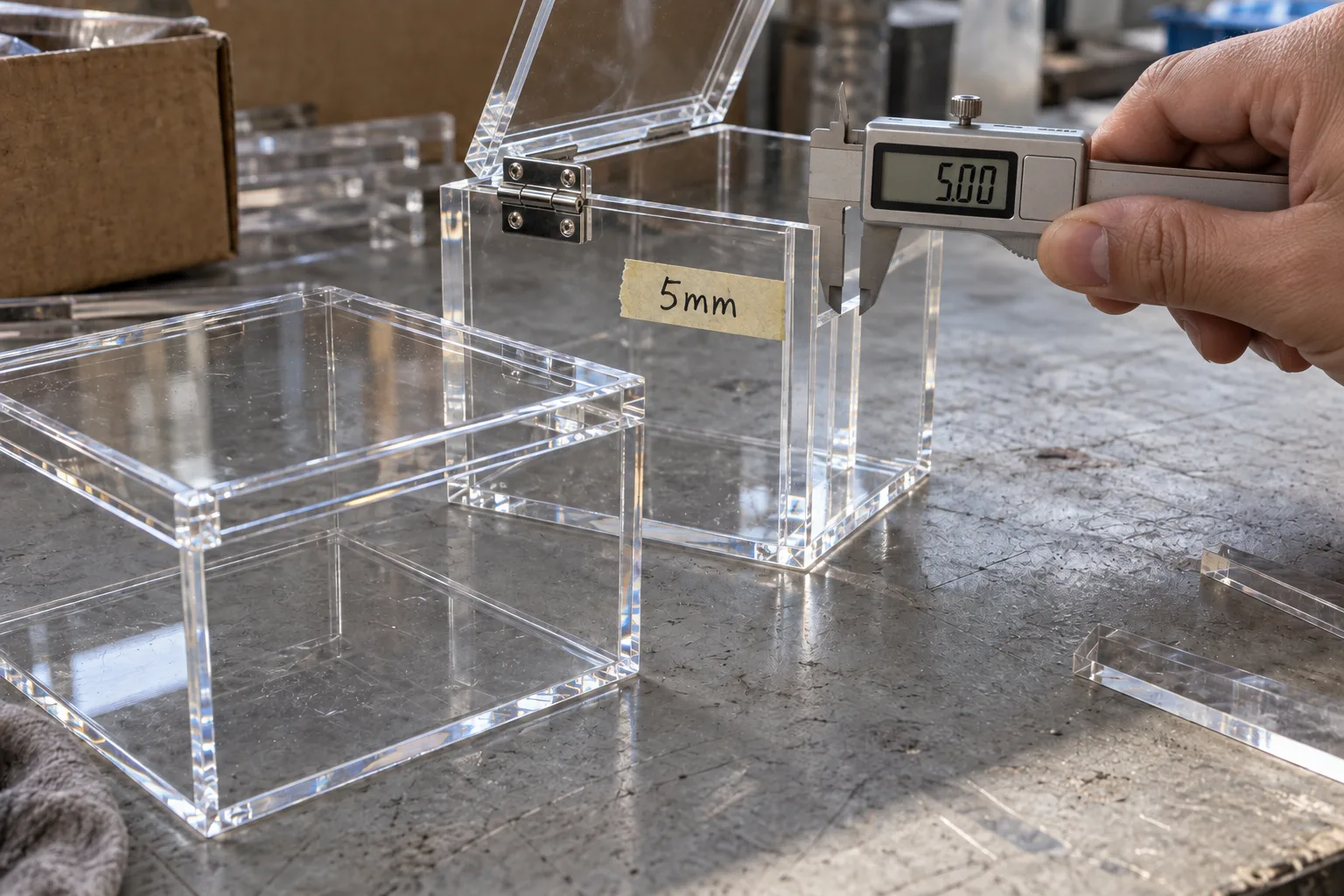Two clear cast acrylic box corner samples on a factory QC bench, one with a lift-off PMMA lid on 3 mm walls and one with a bonded metal hinge on 5 mm walls, with a digital caliper on the thicker wall