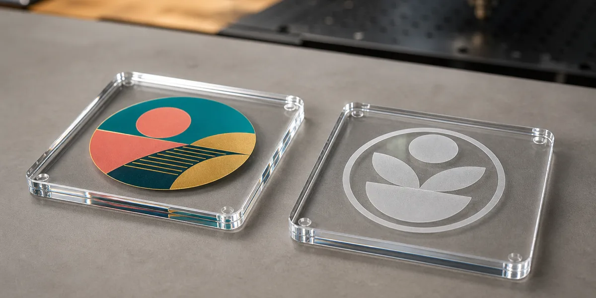 UV-printed full-color acrylic coaster beside a laser-etched frosted logo coaster, glossy clear PMMA squares on a neutral studio surface